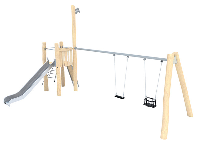 Buitenspeeltuig - Robinia - Glijbaanhuisje Met Dubbele Schommel