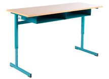 Leerlingentafel - Tau - Dubbel - Verstelbaar - Met Boekenvak - Gekleurd - onderstel ral 1033 (donkergeel) - blad beuk - per stuk