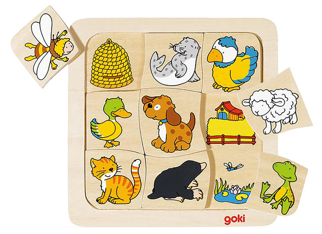 Puzzel - Inlegpuzzel - Goki - Wie Woont Waar? - Dieren - Hout - 9 Stukjes - Per Stuk