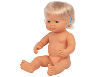 Poppen - babypop - Miniland Baby Doll - met haar - 38 cm - meisje - europees - met hoorapparaat - per stuk