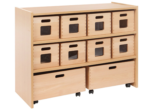 Zijwanden In Beukenmelamine. Kisten In
Massief Beuk. 1 Verstelbare Legplank/10
Kisten. 8 Vensterkisten 23bx19hx35d. 2
Rolkisten 46,5bx20hx35d + Wielen.