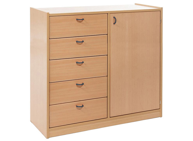 Kast - Basic 1 M - Met 1 Deur En 5 Laden Links - Beuk - Frontpaneel Blauw - Per Stuk