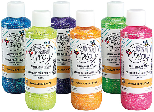 Verf - Glitterverf - Fluo - Creaplay - 6 X 250 Ml - Set Van 6 Assorti