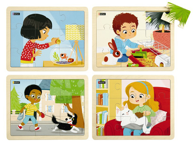 Puzzel - Themapuzzel - Nathan - Zorg Dragen Voor Dieren - 9 Stukjes Per Puzzel - Hout - Set Van 4 Assorti
